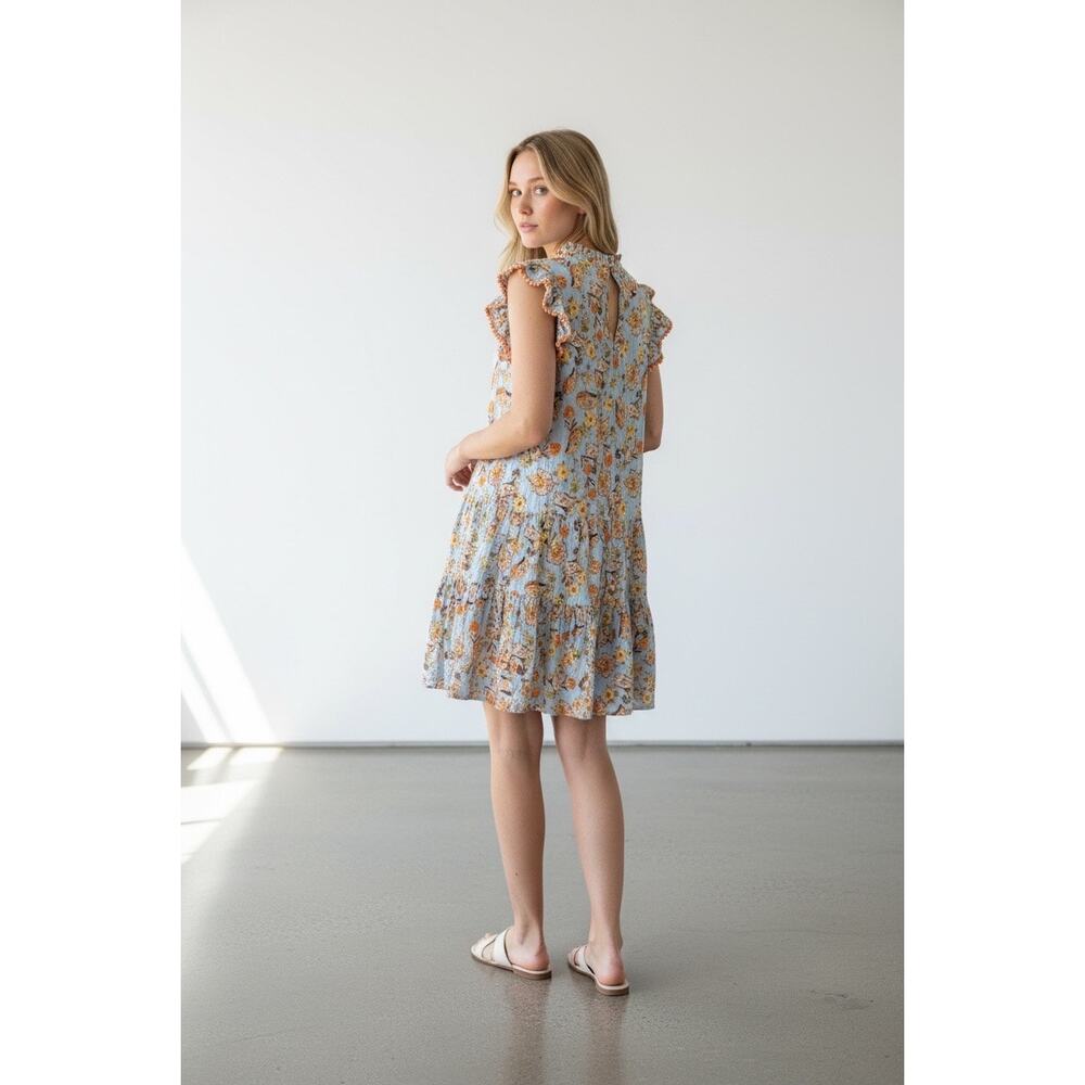 THML Floral Ruffle Mini Dress Blue Boho Tiered Cottagecore XS - Picture 3 of 6